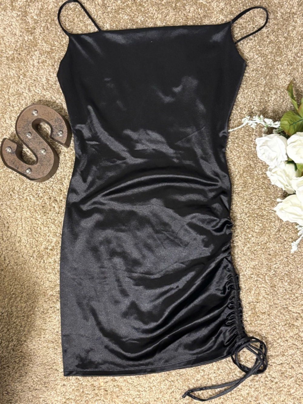 Sleek Black Satin Slip Dress with Side Ruched Tie